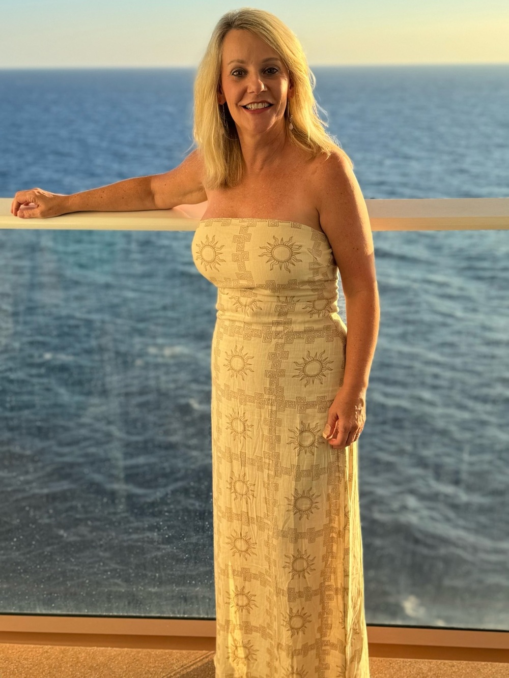 Sun-Print Strapless Summer Dress in Beige - Picture 11 of 16